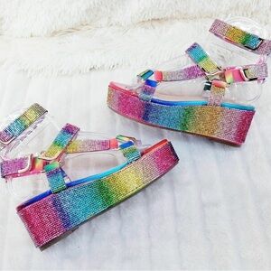 Liliana rainbow sparkle wedge sandals 10
